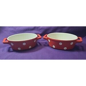 Pair Of BIA STONEWARE SMALL RED WHITE POLKA DOT Casserole BAKER  5.5"  X 4.5"